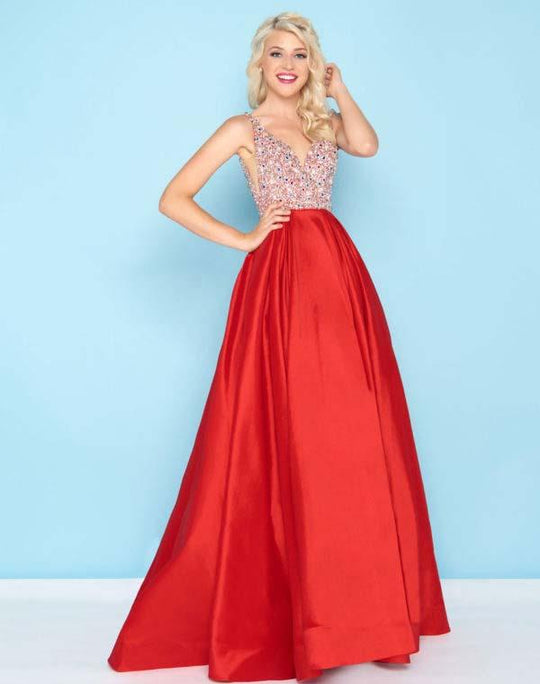 Mac Duggal - 77338H Bedazzled Deep V-neck Taffeta Ballgown In Red