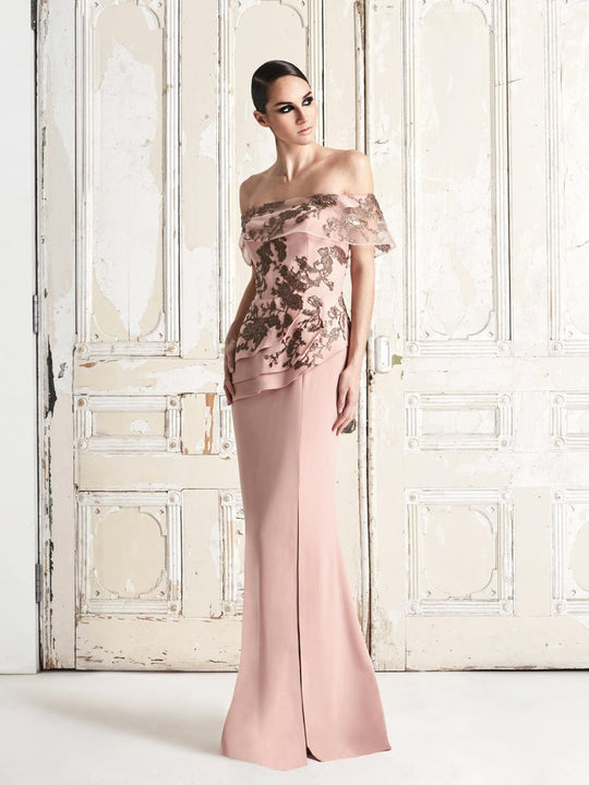 Daymor Couture - 773 Embroidered Off Shoulder Peplum Dress In Brown