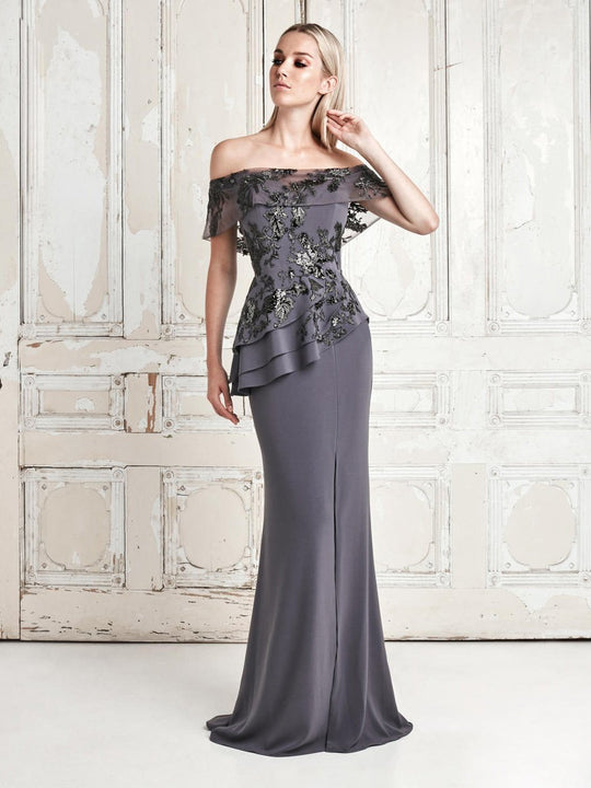 Daymor Couture - Embroidered Off Shoulder Peplum Long Gown 773 In Gray