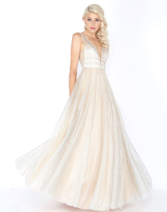 Mac Duggal - 77402M Deep V-neck Shimmering Ballgown In Neutral and Silver