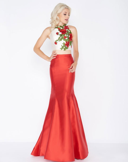 Cassandra Stone - 77408A Two Piece Rose Embroidered Mermaid Gown In White and Red