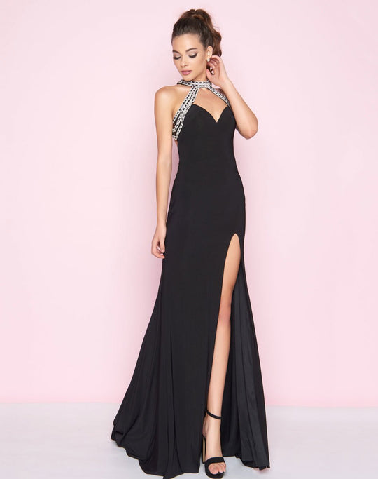Mac Duggal - 77416L Beaded Choker Neck Jersey Fitted Gown In Black
