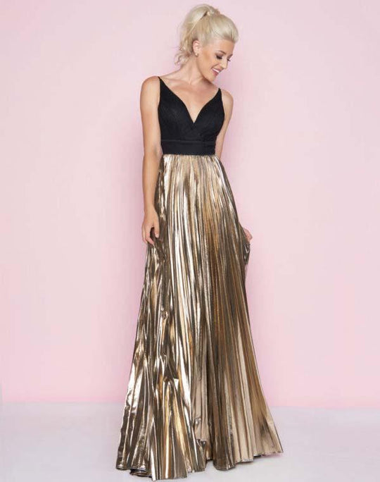 Mac Duggal - 77428L Sleeveless Deep V-neck A-line Dress In Black and Gold