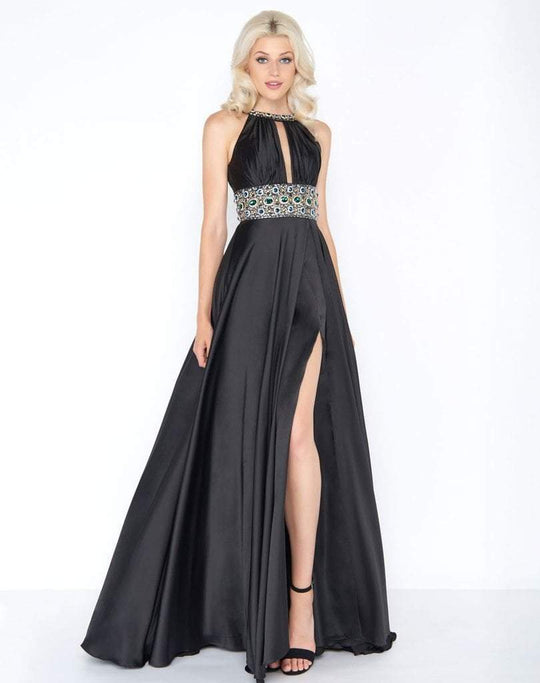 Cassandra Stone Rhinestone Accented Halter A-line Dress 77435A In Black