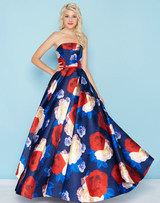 Mac Duggal - 77459H Strapless Floral Print Mikado Ballgown In Blue and Floral
