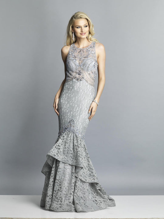 Dave & Johnny - A7745 Lace Embellished Halter Mermaid Dress In Gray