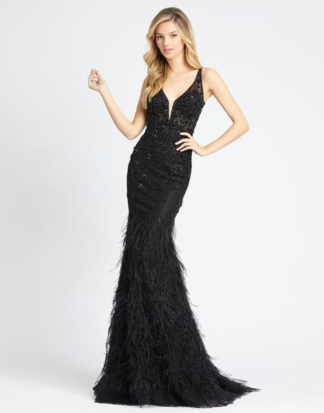 Mac Duggal Evening - 77464D Embellished Bodice Feathered Trumpet Gown In Black