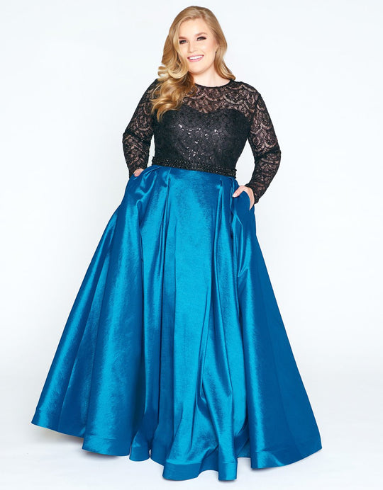 Mac Duggal - 77473F Sequined Lace Long Sleeve Satin Ballgown in Black and Green