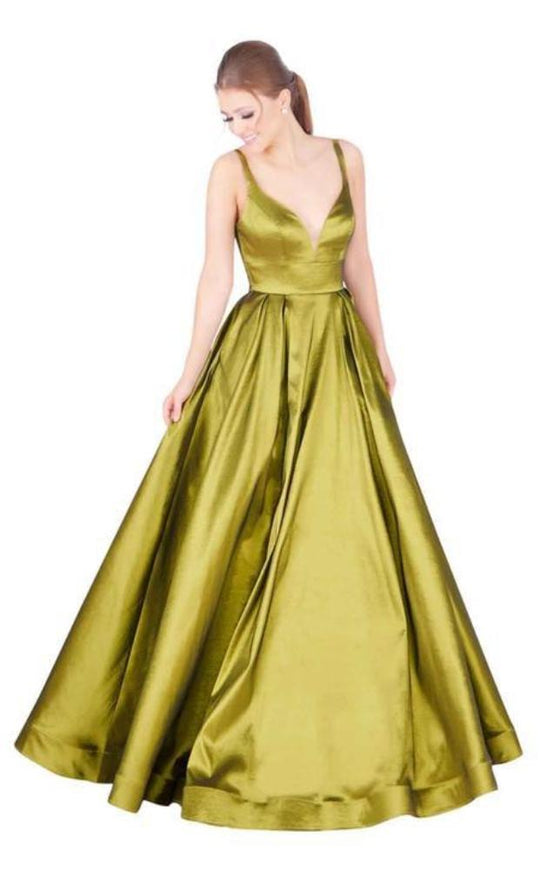 Mac Duggal Ballgowns - 77489H Plunging V-neck Pleated Ballgown in Green