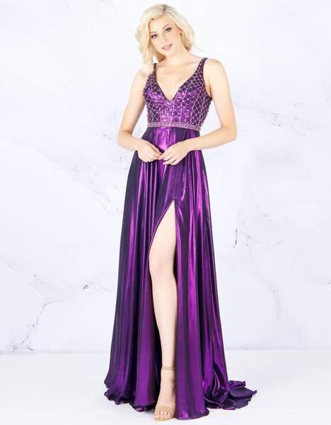 Cassandra Stone - 77493A Bedazzled V-neck A-line Dress With Train In Purple