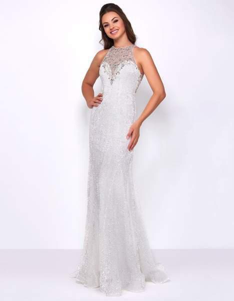 Cassandra Stone - 77571A Embellished Illusion Halter Trumpet Dress In White