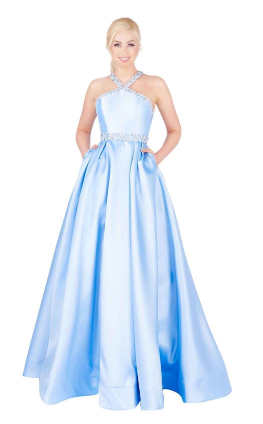 Mac Duggal Ballgowns - 77498H Bedazzled Pleated Ballgown With Train in Blue