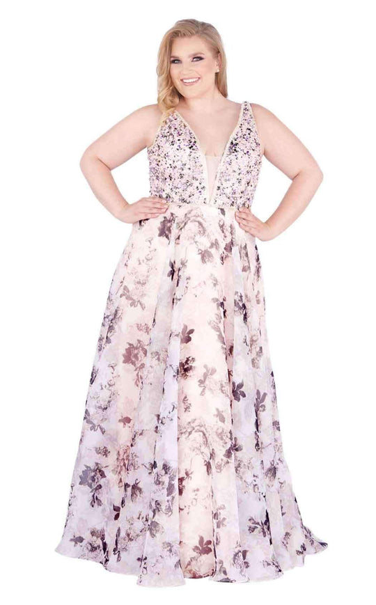 Mac Duggal Fabulouss - 77542F Beaded Plunging Floral A-Line Gown In Pink