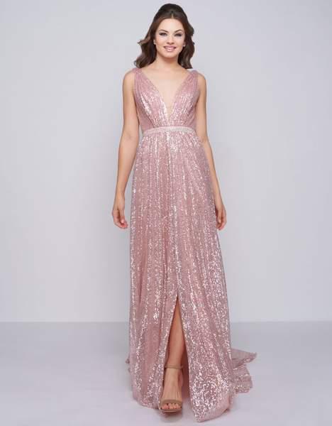 Cassandra Stone - 77618A Sequined Deep V-neck A-line Dress With Train In Pink