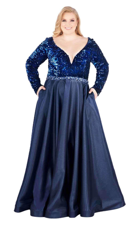 Mac Duggal Fabulouss - 77565F Sequined Plunging Long Sleeves Gown in Blue