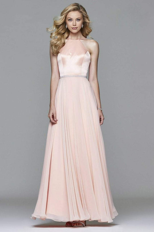 7761 Satin Halter Chiffon Dress with Rhinestone Waist