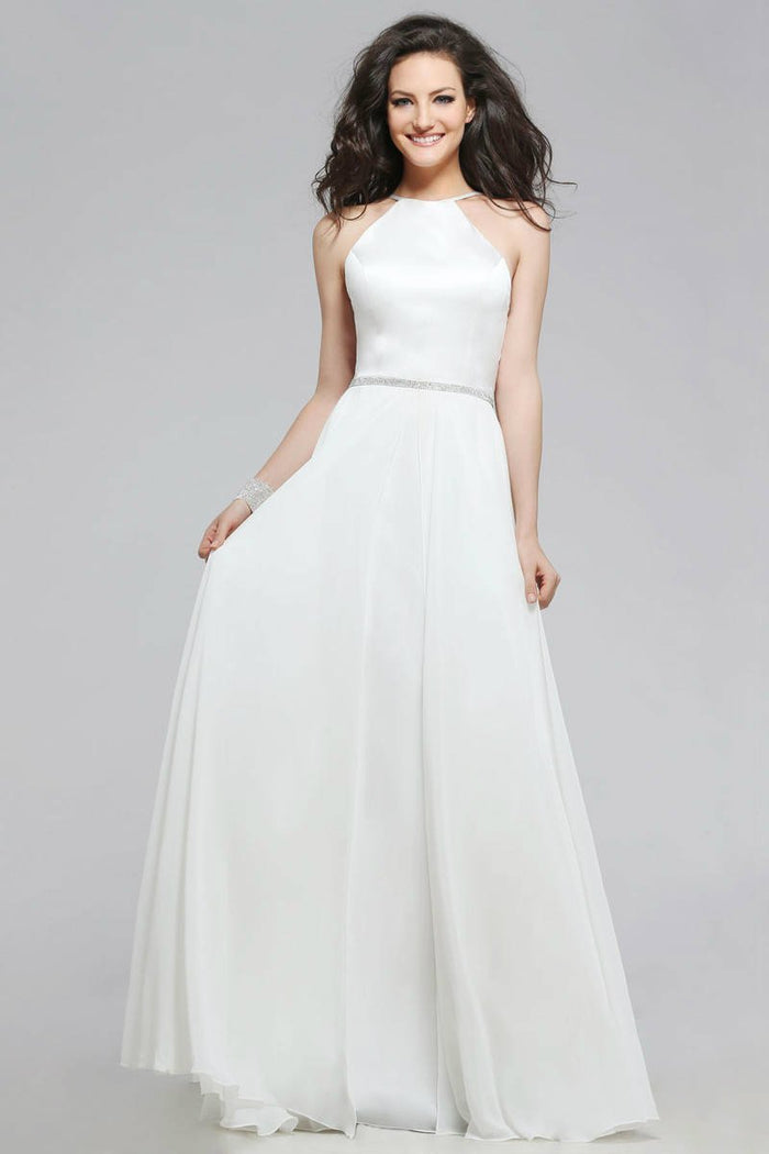 7761 Satin Halter Chiffon Dress with Rhinestone Waist