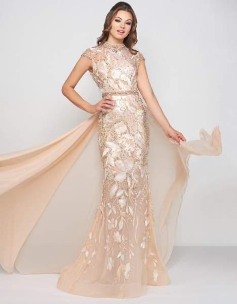 Mac Duggal Couture - 79193D Embellished High Neck Dress With Overskirt In Neutral