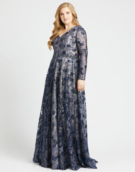 Mac Duggal Fabulouss - 77672F Embellished V-Neck Long Sleeve Dress In Blue and Neutral