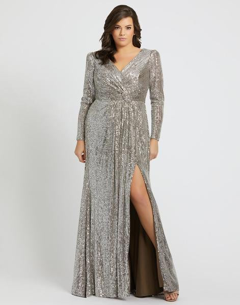 Mac Duggal Fabulouss - 77676F Sequined Long Sleeves Slit Gown In Silver
