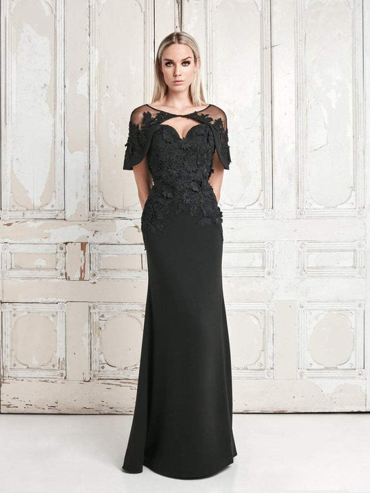 Alexander by Daymor - 776 Floral Applique Sweetheart Sheath Dress With Cape In Black