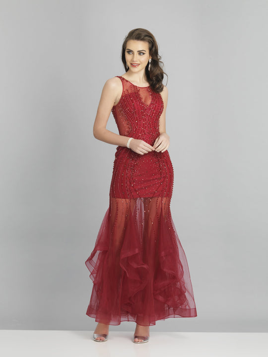 Dave & Johnny - A7770 Embellished Scoop Ruffled Trumpet Dress In Red