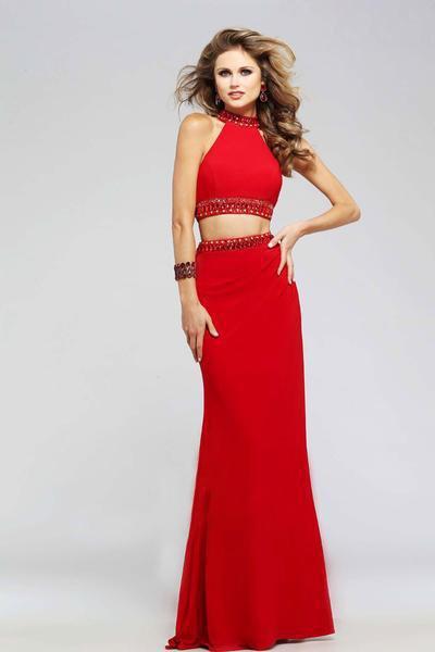 Faviana - 7771 Two Piece Beaded High Halter Jersey Sheath Dress In Red