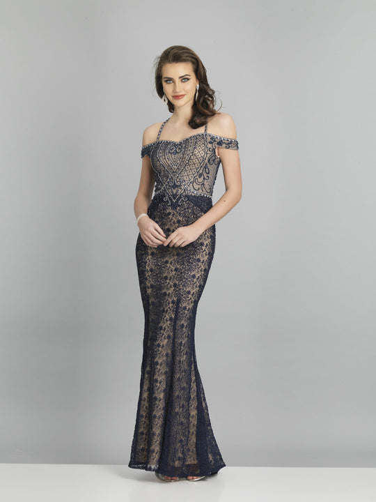 Dave & Johnny - A7772 Embellished and Lace Off-Shoulder Trumpet Gown In Blue