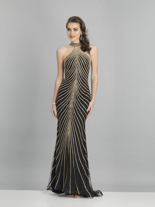 Dave & Johnny - A7780 High Halter Contrast Beaded Long Gown In Black and Gold