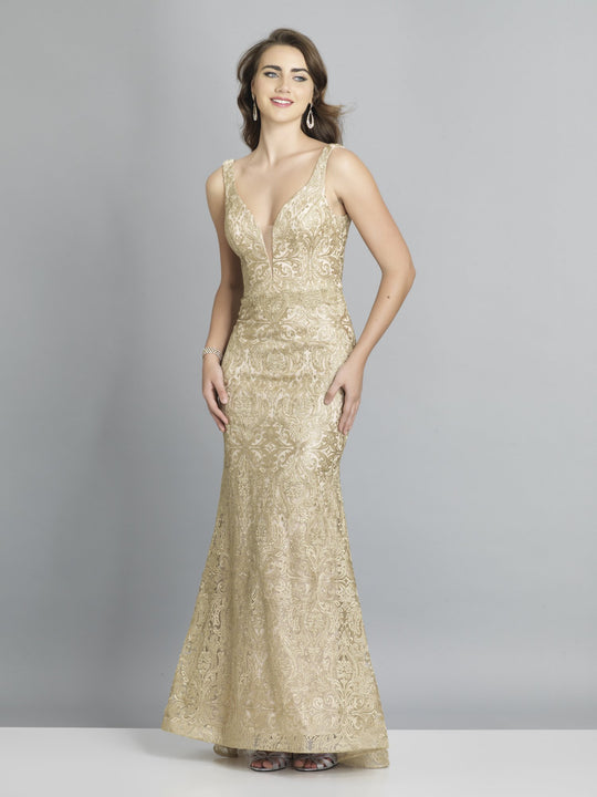 Dave & Johnny - A7787 Metallic Lace Plunging V-Neck Gown In Gold