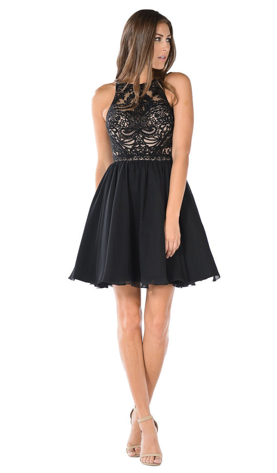 Poly USA - 7794 Embroidered Illusion Halter Chiffon A-line Dress