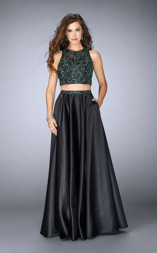 GiGi - Dramatic Beaded Foliage Jewel A-Line Long Evening Gown 23883 in Black