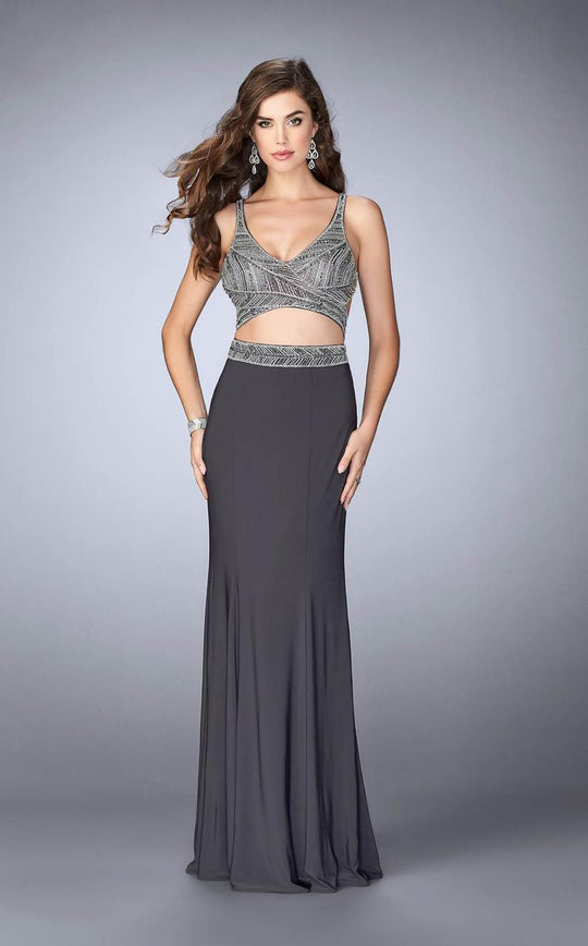 La Femme Gigi - 23904 Beaded Crop Top and Jersey Skirt Long Dress