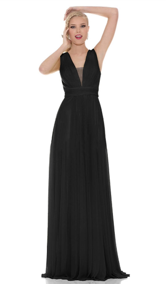 Jadore - J6074 Lycra Mesh Illusion Plunging V Neck Full Length Gown In Black
