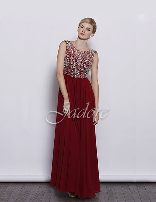 Jadore - J3035 Rhinestone Beaded Sleeveless Chiffon Gown In Red