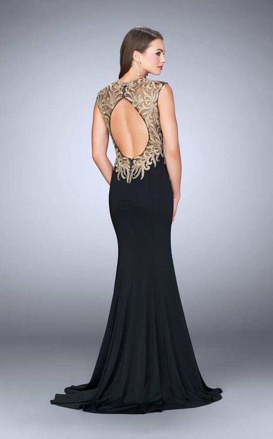 GiGi - Gilt-Embroidered Illusion Long Evening Gown 24054 in Black and Gold