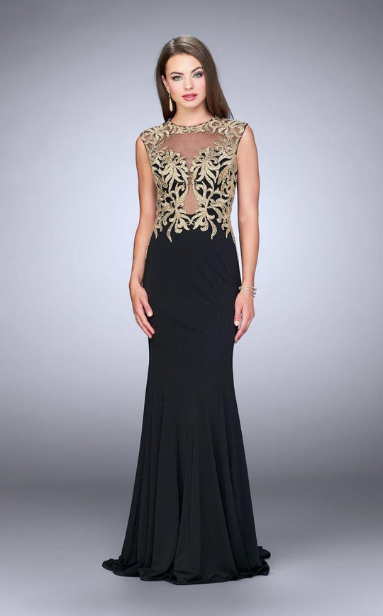 GiGi - Gilt-Embroidered Illusion Long Evening Gown 24054 in Black and Gold