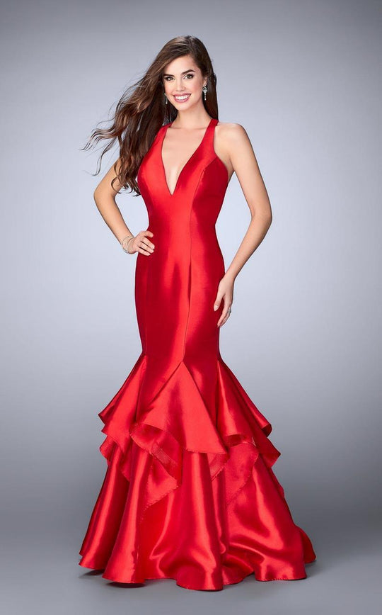 GiGi - Ravishing V-Neck Tiered Mermaid Long Evening Gown 24197 in Red