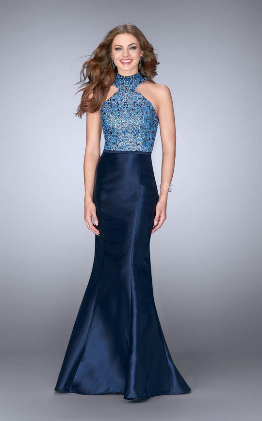 GiGi - Stylish Tonal Beading Mermaid Long Evening Gown 24393 In Blue