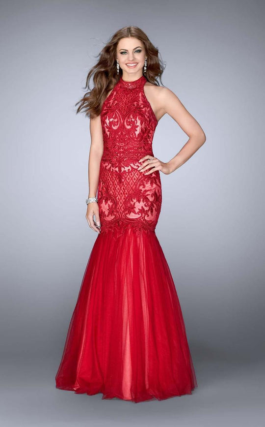 GiGi - Sultry High Halter Embroidered Mermaid Long Evening Gown 24394 In Red