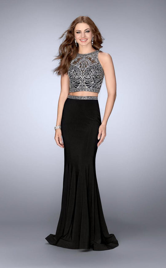 GiGi - Silver Embroidered Jewel Sheath Long Evening Gown 24403 In Black and Silver