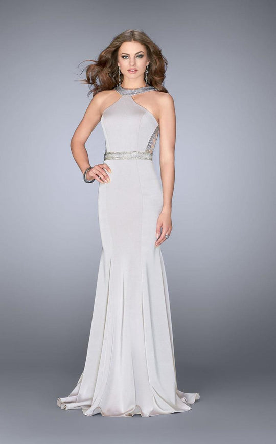 GiGi - Rhinestone Embellished Halter Jersey Long Evening Gown 24485 in White