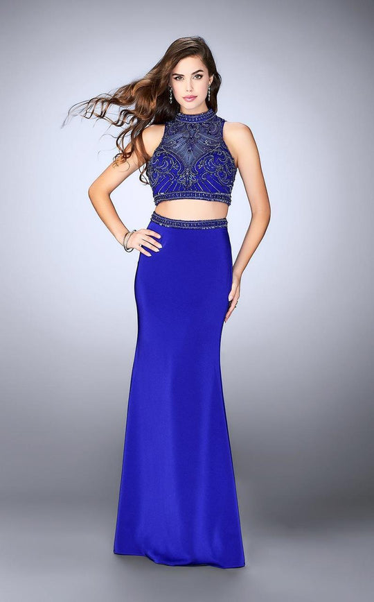 GiGi - Crystal Beaded Detail Halter Crop Top and Jersey Skirt Prom Dress 24495 in Blue