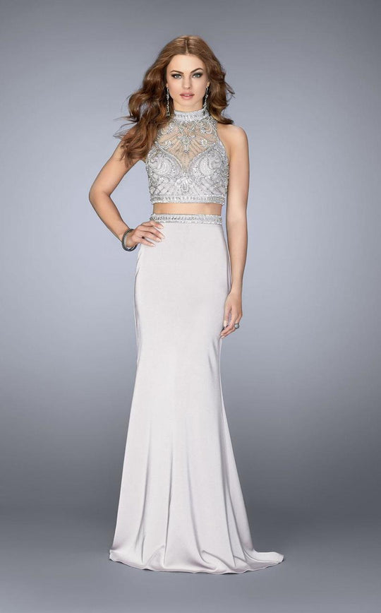 GiGi - Crystal Beaded Detail Halter Crop Top and Jersey Skirt Prom Dress 24495 in Silver