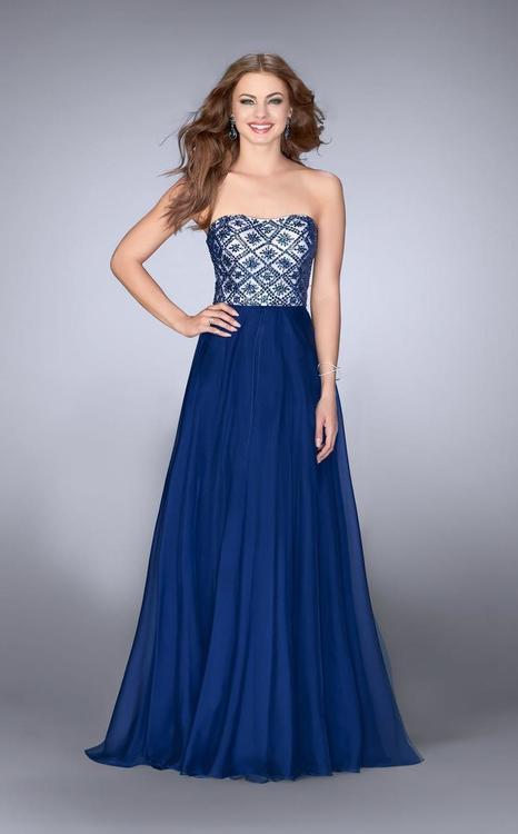La Femme Gigi - Beaded Semi-Sweetheart A-Line Dress in Blue