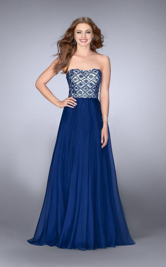 GiGi - Strapless Beaded Top Chiffon Prom Gown 24561 in Blue