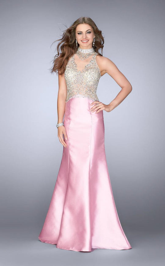 GiGi - Halter Style Sheer Beaded Top Mikado Prom Dress 24562 in Pink