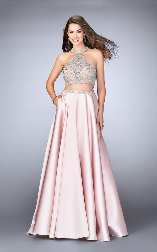 Two Piece Crystal Beaded  Halter Crop Top Mikado Prom Dress 24563