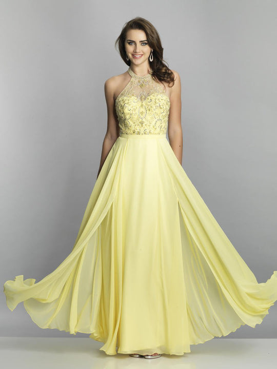 Dave & Johnny - A7805 Embellished Halter Neck A-line Dress In Yellow