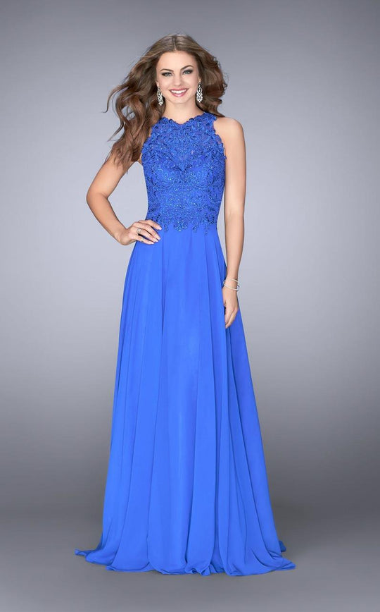 GiGi - Grandiose Jewel Lace A-Line Long Evening Gown 24574 In Blue